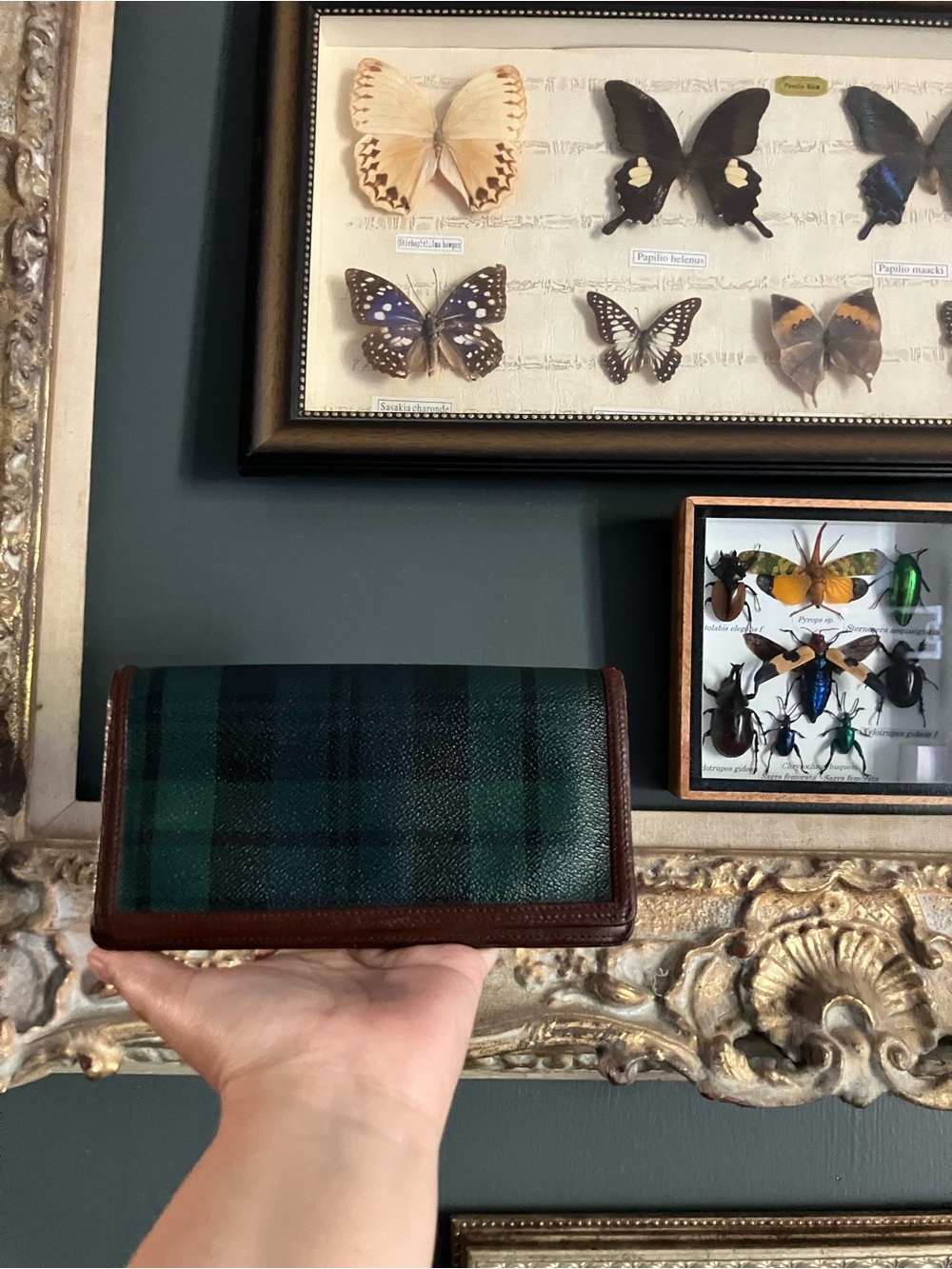 Ralph Lauren Polo Green Tartan canvas Leather Trim Wallet